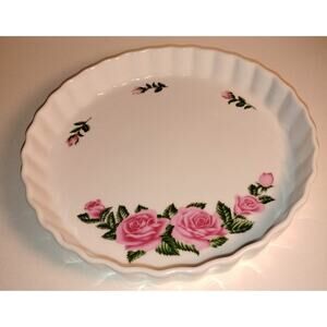 Vintage Christine Home Rose Pattern Porcelain Quiche or Tart Pan 1990s